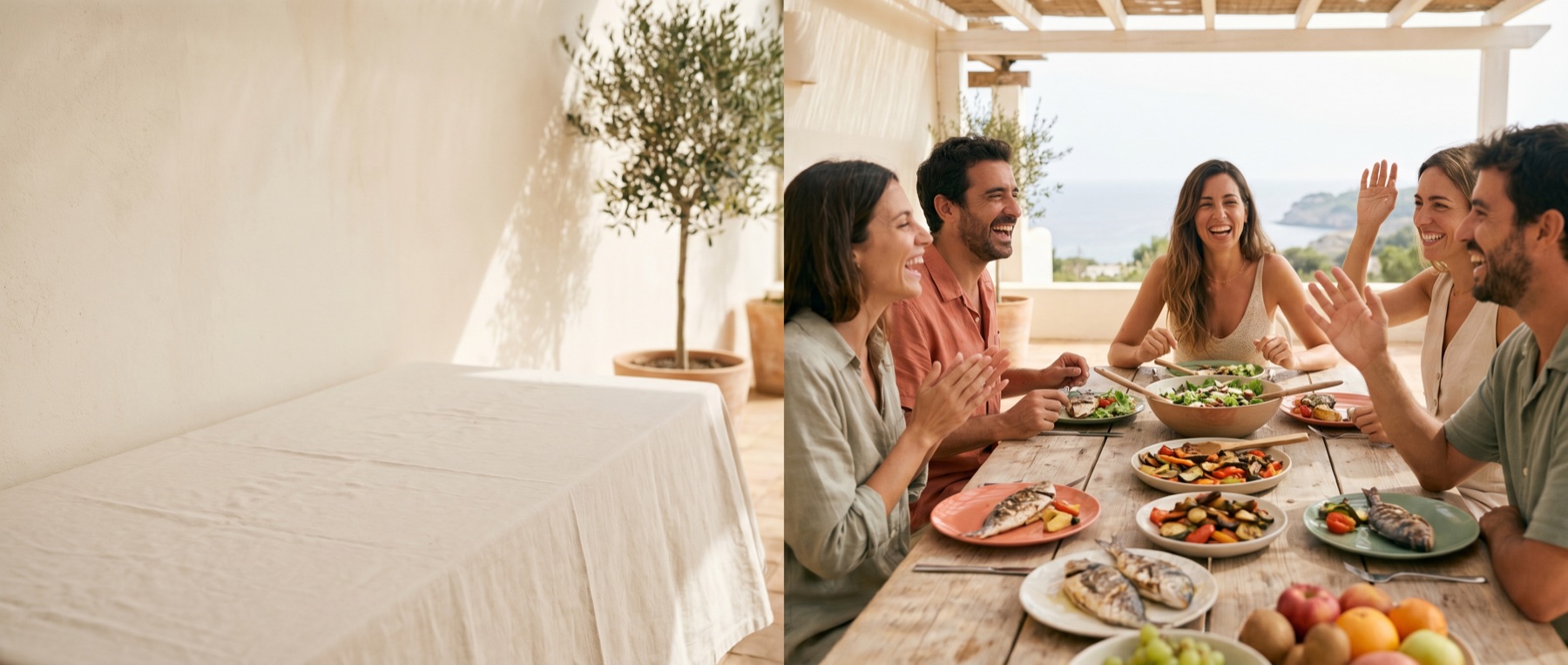 Un grupo de amigos comparte una comida sana y mediterránea entre risas en una terraza