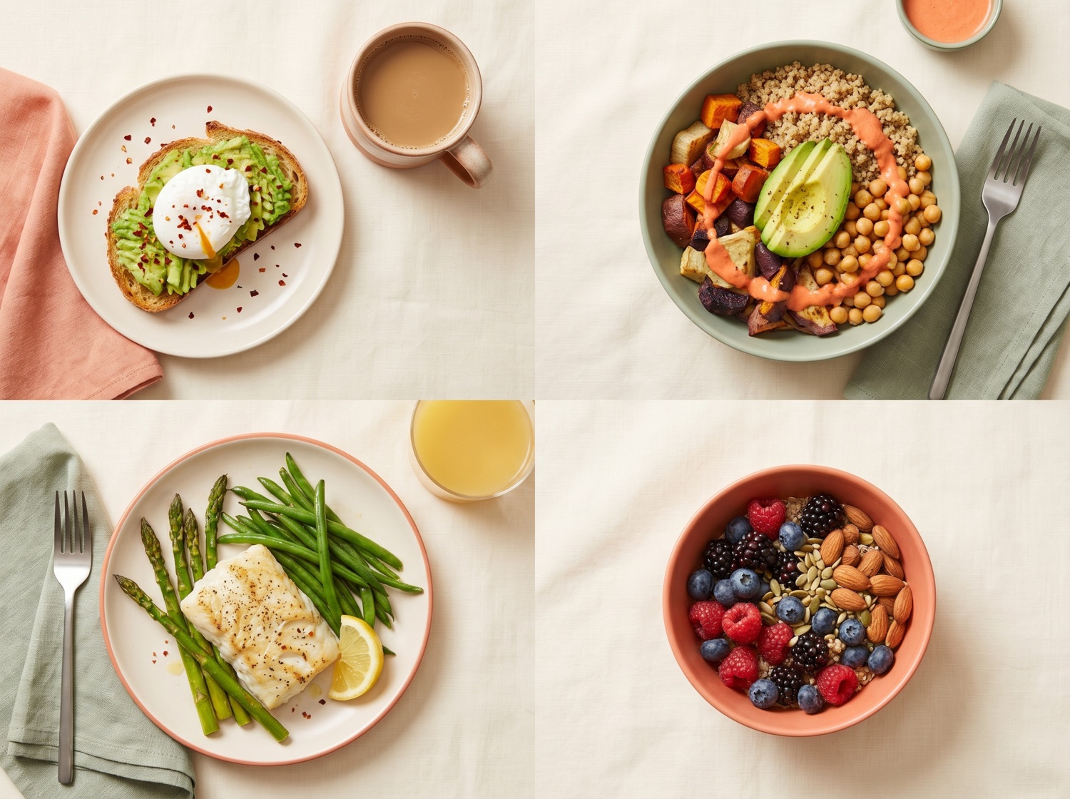 Un día completo de comidas saludables: desayuno, comida, cena y snack