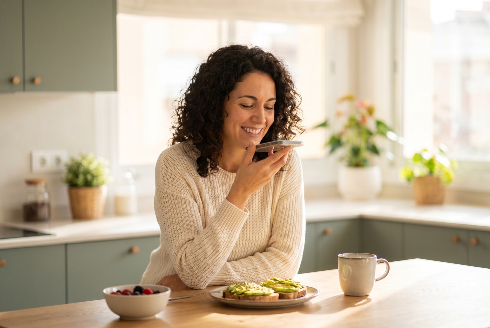 Una mujer cuenta su desayuno hablando a la app lutrAI.app en su cocina