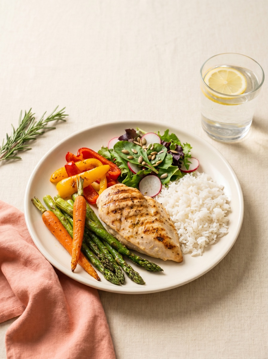 Plato equilibrado: pollo a la plancha, arroz, verduras asadas y ensalada