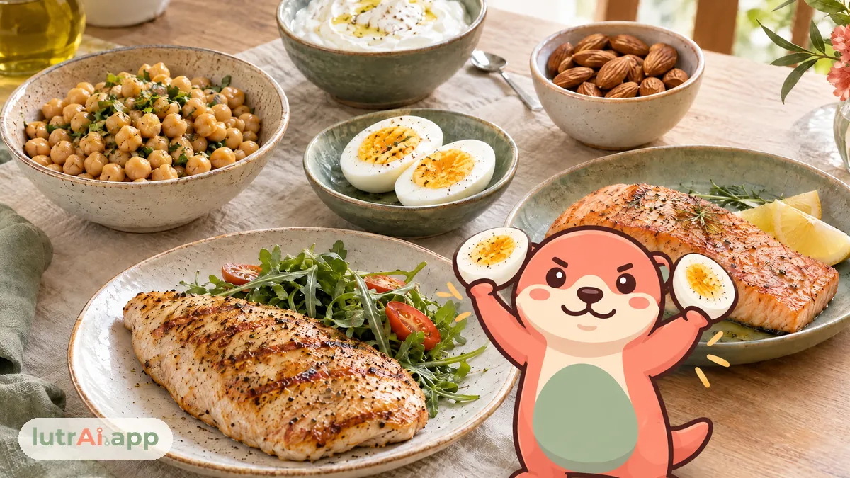 Pollo a la plancha, salmón, huevos cocidos, garbanzos, yogur griego y almendras sobre una mesa de madera, con Lutra, la nutria de lutrAI, que levanta un huevo cocido
