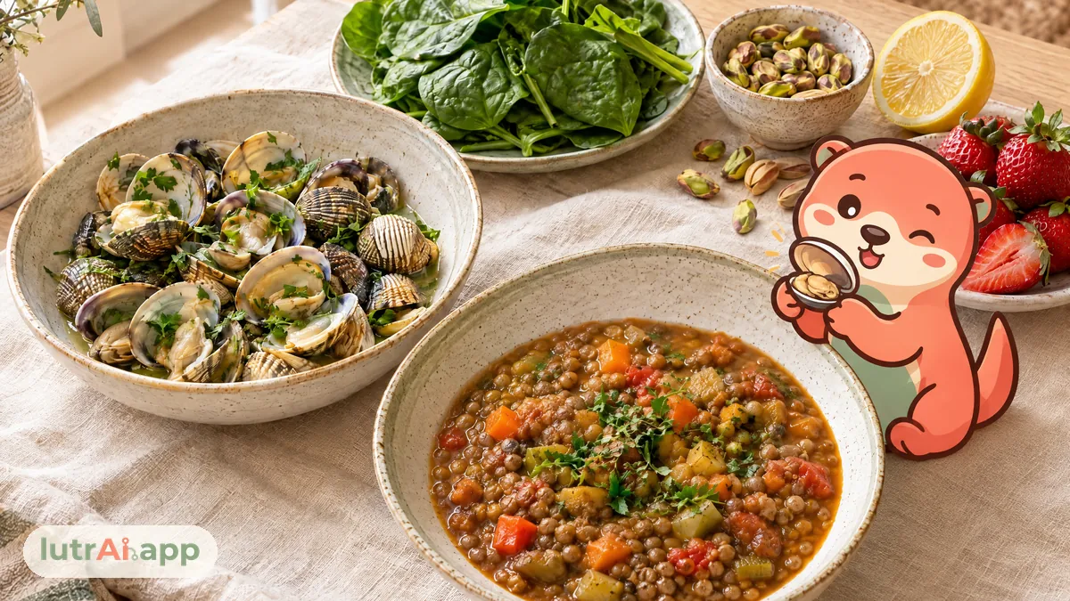 Almejas y berberechos al vapor, lentejas estofadas, espinacas, pistachos y fresas sobre una mesa, con Lutra, la nutria de lutrAI, que sujeta una almeja