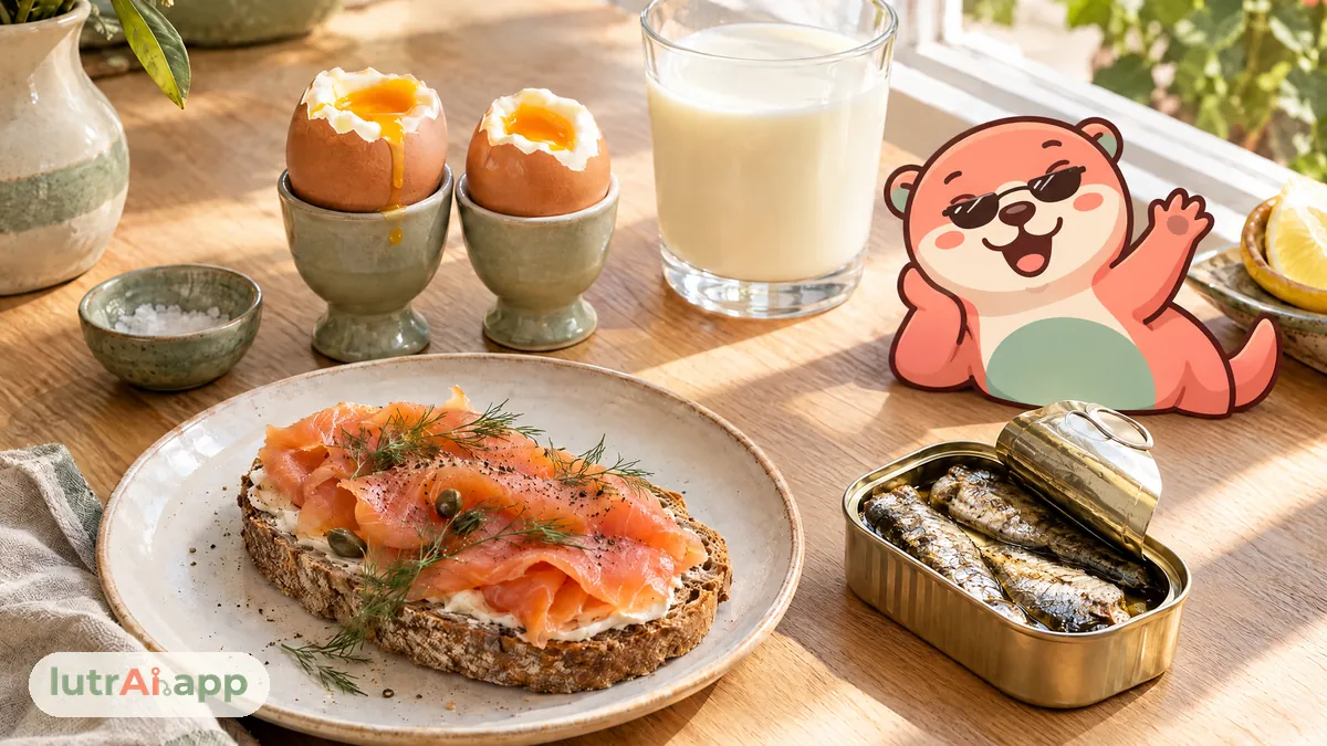 Salmón ahumado en tostada, huevos, leche y sardinas en una mesa al sol, con Lutra, la nutria de lutrAI, tomando el sol con gafas