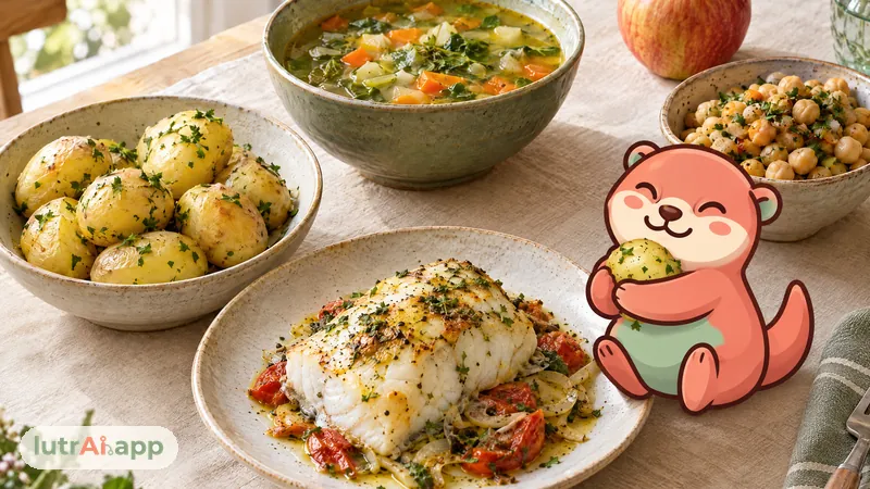 Patatas cocidas, sopa de verduras, manzana, garbanzos y merluza al horno sobre una mesa, con Lutra, la nutria de lutrAI, que abraza una patata cocida