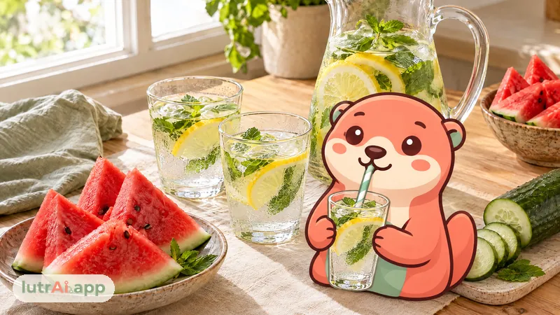 Jarra de agua con limón y menta, vasos llenos, sandía y pepino junto a una ventana, con Lutra, la nutria de lutrAI, que bebe de un vaso de agua con pajita