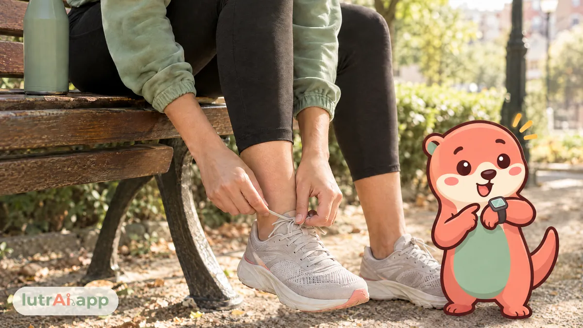 Persona atándose las zapatillas en el banco de un parque con una botella de agua, con Lutra, la nutria de lutrAI, que mira un pequeño reloj deportivo en su muñeca