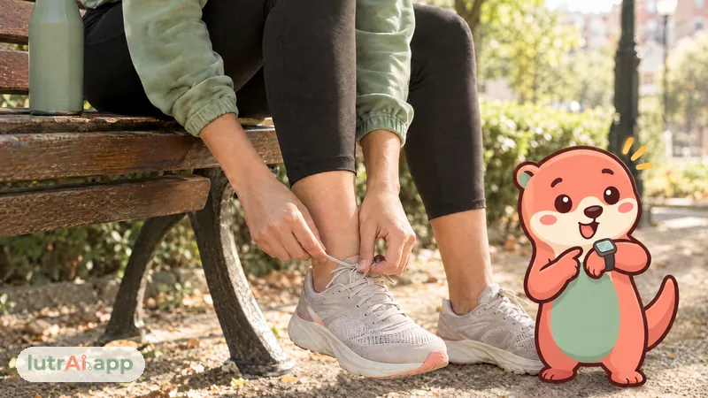 Persona atándose las zapatillas en el banco de un parque con una botella de agua, con Lutra, la nutria de lutrAI, que mira un pequeño reloj deportivo en su muñeca