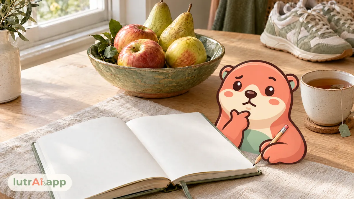 Cuaderno en blanco, taza de té, frutero y zapatillas deportivas en una mesa junto a la ventana, con Lutra, la nutria de lutrAI, pensativa con un lápiz en la mano