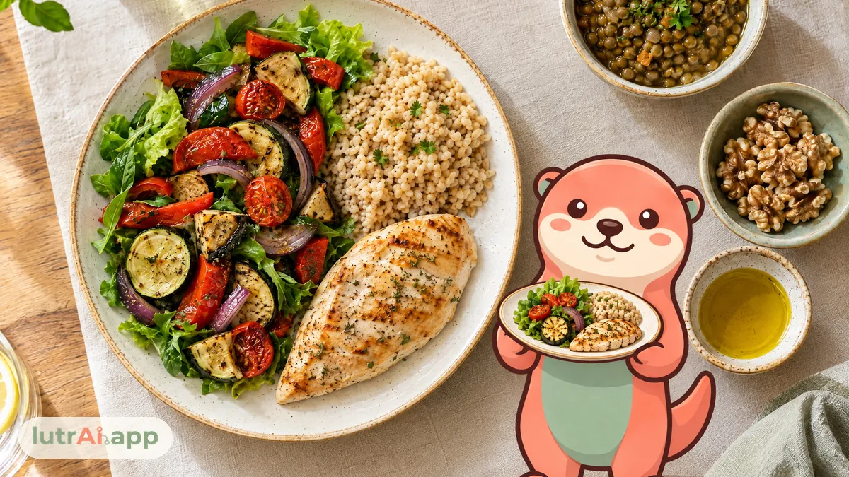 Plato con verduras, arroz integral y pollo junto a cuencos de lentejas, nueces y aceite, con Lutra, la nutria de lutrAI, que lo sirve como un camarero