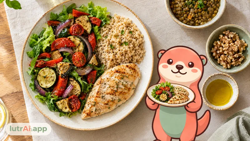 Plato con verduras, arroz integral y pollo junto a cuencos de lentejas, nueces y aceite, con Lutra, la nutria de lutrAI, que lo sirve como un camarero