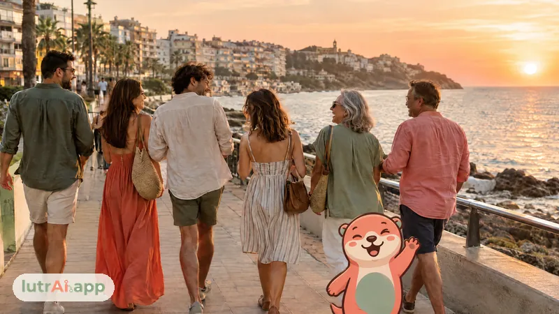 Amigos de distintas complexiones paseando por un paseo marítimo al atardecer, con Lutra, la nutria de lutrAI, que pasea junto al grupo saludando