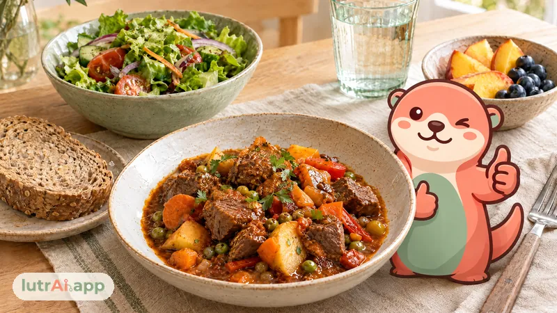 Guiso de ternera con verduras, ensalada, pan integral y fruta en una comida casera, con Lutra, la nutria de lutrAI, que con el pulgar arriba