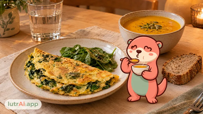 Tortilla francesa con espinacas, crema de calabaza y pan integral en una cena con luz cálida, con Lutra, la nutria de lutrAI, soplando una cucharada