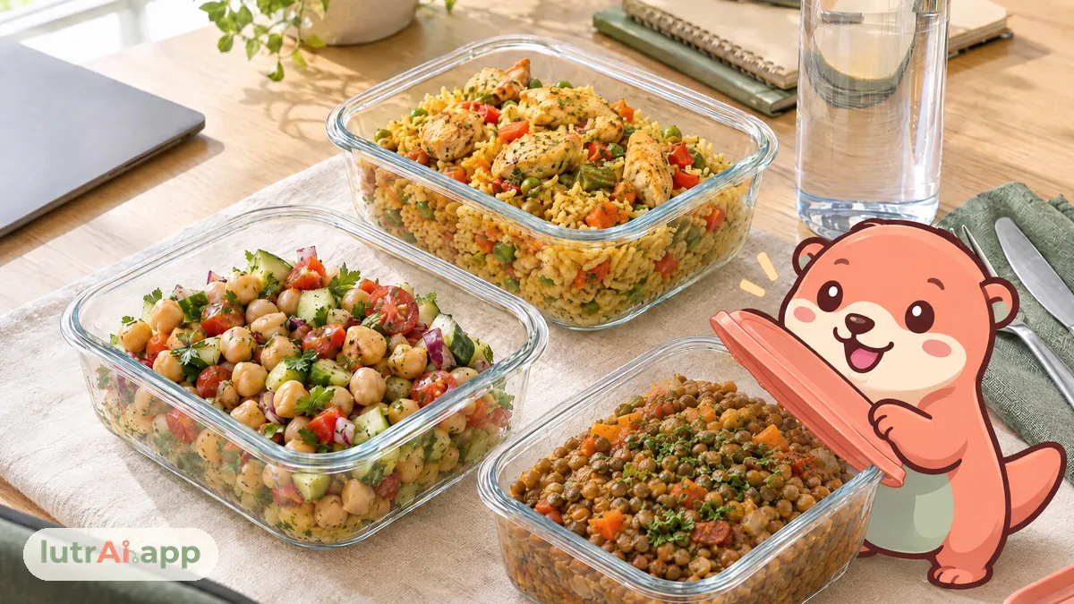 Tápers de vidrio con ensalada de garbanzos, arroz con pollo y lentejas en una mesa de oficina, con Lutra, la nutria de lutrAI, que abre la tapa de un táper