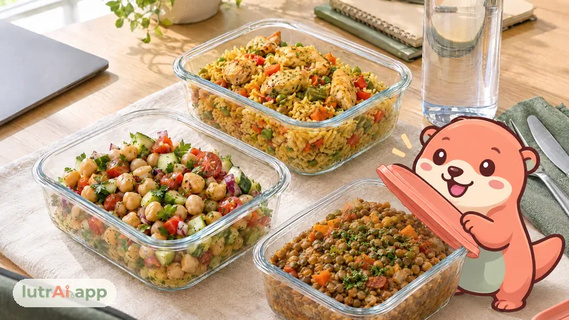 Tápers de vidrio con ensalada de garbanzos, arroz con pollo y lentejas en una mesa de oficina, con Lutra, la nutria de lutrAI, que abre la tapa de un táper