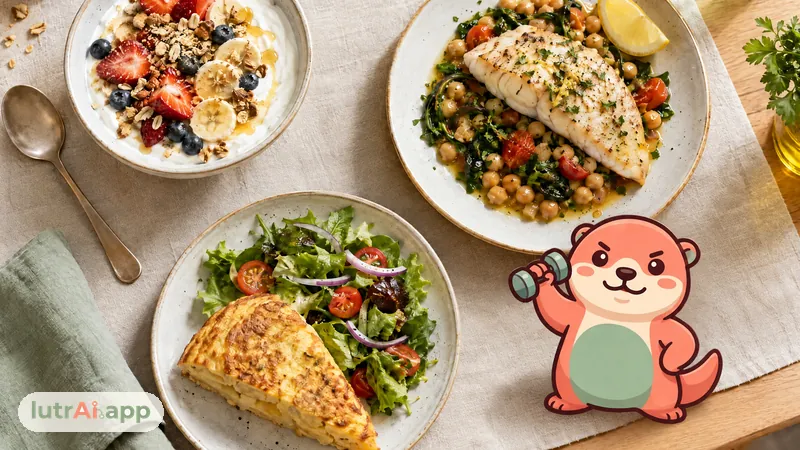 Yogur griego con fruta, pescado con legumbres y tortilla con ensalada en tres platos, con Lutra, la nutria de lutrAI, que hace bíceps con una mancuerna pequeñita