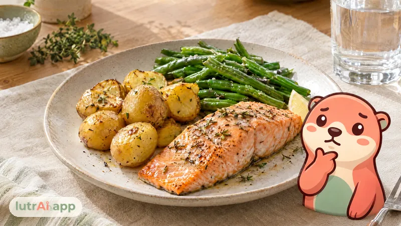 Salmón al horno con patatas pequeñas y judías verdes junto a un vaso de agua, con Lutra, la nutria de lutrAI, que se lleva una pata a la barbilla pensando