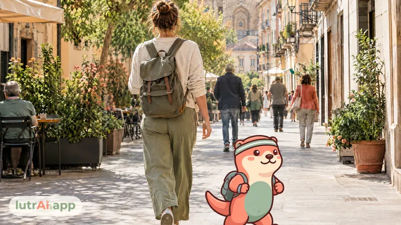 Persona caminando con mochila por una calle peatonal en una mañana soleada, con Lutra, la nutria de lutrAI, caminando a su lado con su mochilita