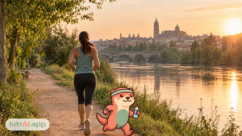Corredora trotando por un camino junto a un río al amanecer, con Lutra, la nutria de lutrAI, que corre a su lado con una botellita de agua