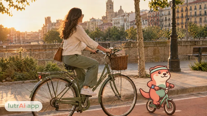 Persona en bicicleta urbana por un carril bici con luz dorada, con Lutra, la nutria de lutrAI, que pedalea en una bicicleta pequeñita
