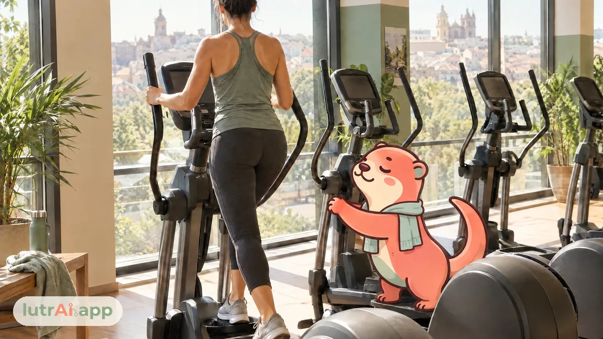 Persona entrenando en una máquina elíptica de un gimnasio luminoso, con Lutra, la nutria de lutrAI, que estira los brazos