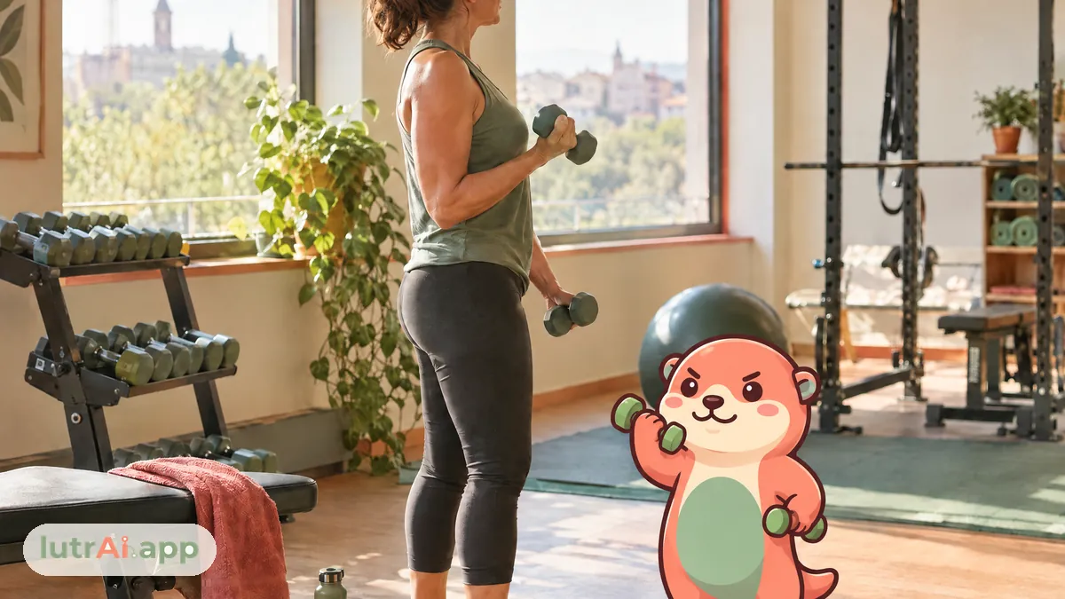 Persona de mediana edad entrenando con mancuernas en un gimnasio luminoso, con Lutra, la nutria de lutrAI, que levanta una mancuerna pequeñita