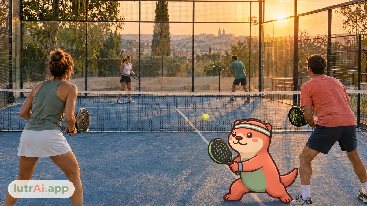 Partido de pádel de dobles en una pista exterior al atardecer, con Lutra, la nutria de lutrAI, que sostiene una pala de pádel a su tamaño