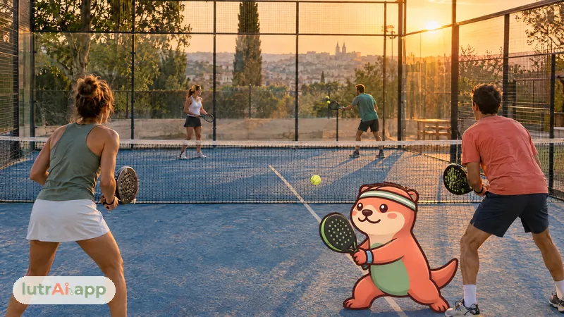 Partido de pádel de dobles en una pista exterior al atardecer, con Lutra, la nutria de lutrAI, que sostiene una pala de pádel a su tamaño
