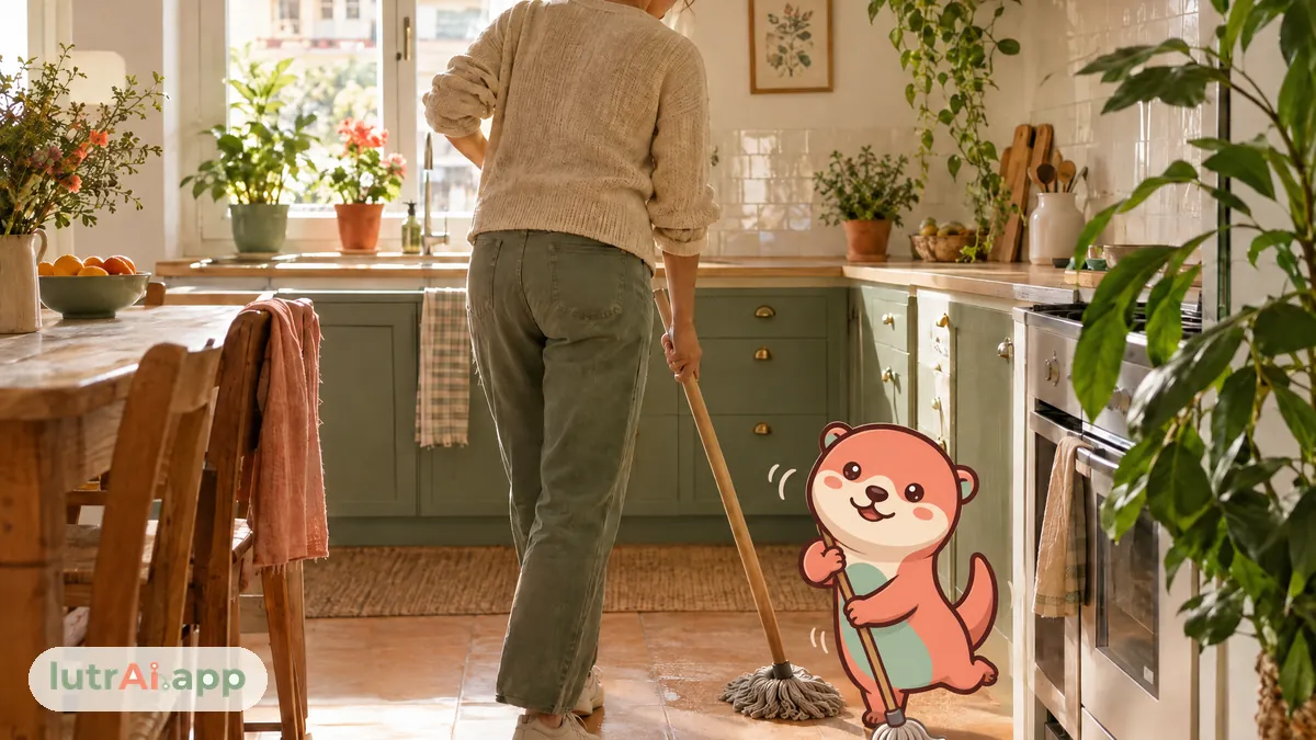 Persona fregando el suelo de una cocina luminosa con plantas, con Lutra, la nutria de lutrAI, que pasa una fregona pequeñita