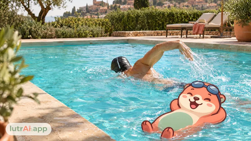 Nadador haciendo crol en una piscina exterior de agua turquesa, con Lutra, la nutria de lutrAI, que flota panza arriba