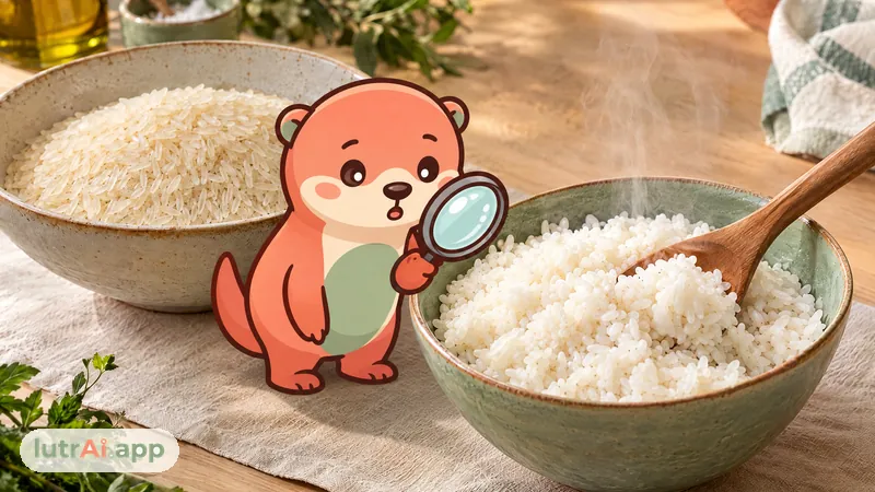 Cuenco de arroz crudo junto a un cuenco de arroz cocido humeante, con Lutra, la nutria de lutrAI, que examina con una lupa los granos de arroz crudo