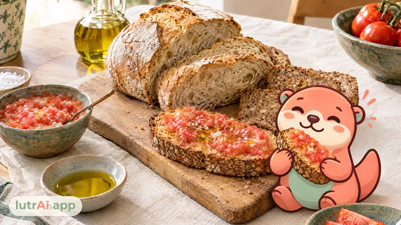 Pan de pueblo e integral en rebanadas, una tostada con aceite y tomate, con Lutra, la nutria de lutrAI, que abraza una tostada con tomate