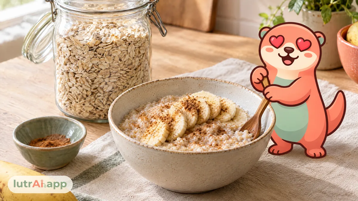 Copos de avena en un tarro junto a un bol de porridge con plátano y canela, con Lutra, la nutria de lutrAI, que remueve el porridge con una cuchara de madera