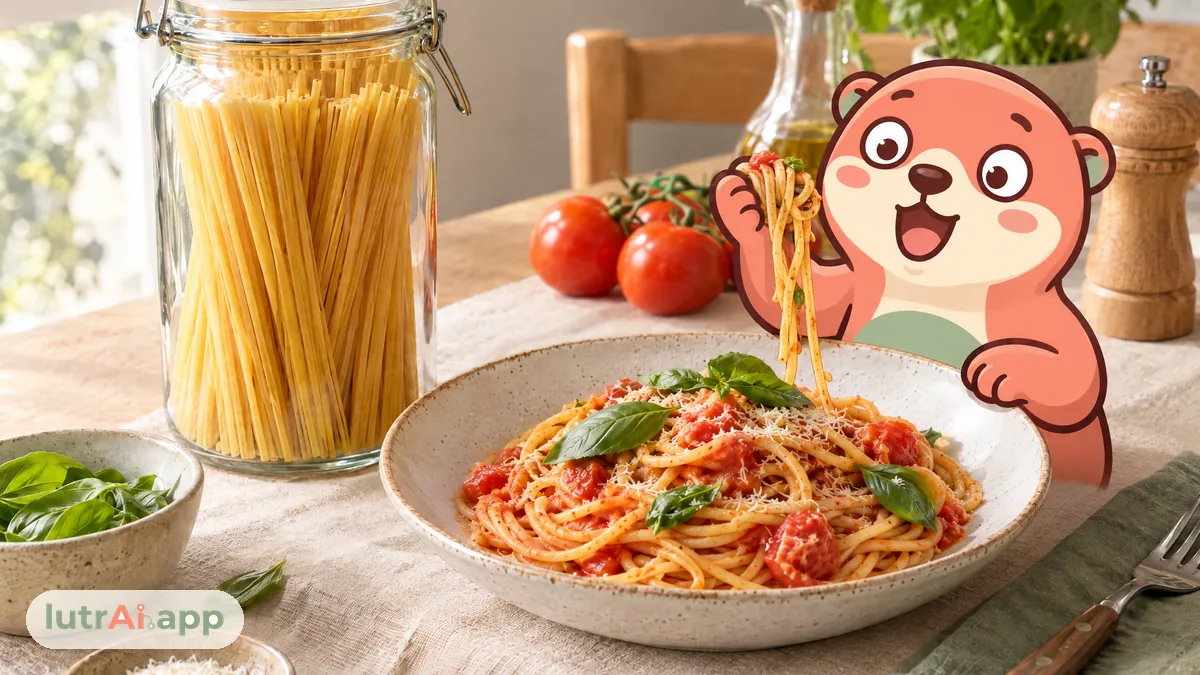 Pasta seca en un tarro junto a un plato de espaguetis con tomate y albahaca, con Lutra, la nutria de lutrAI, que sostiene un espagueti largo que le cuelga