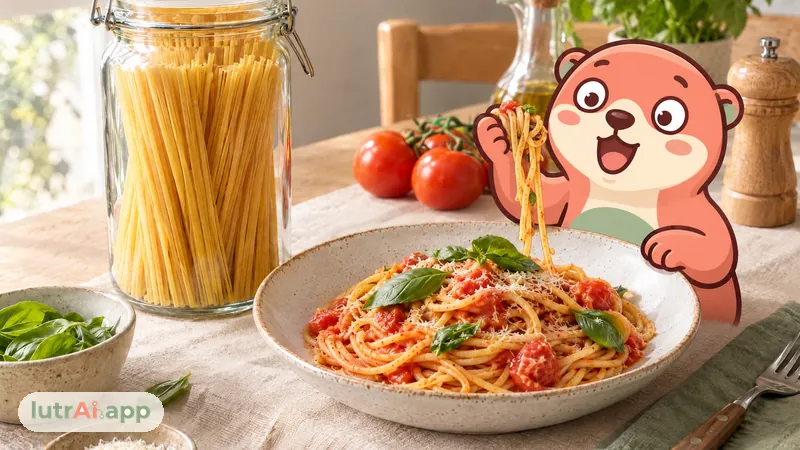 Pasta seca en un tarro junto a un plato de espaguetis con tomate y albahaca, con Lutra, la nutria de lutrAI, que sostiene un espagueti largo que le cuelga