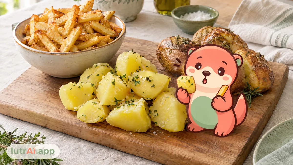 Patatas cocidas, asadas con piel y fritas caseras sobre una tabla, con Lutra, la nutria de lutrAI, que compara una patata cocida y una patata frita