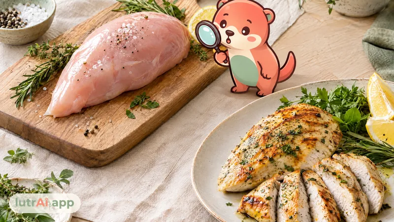 Pechuga de pollo cruda junto a otra a la plancha fileteada con limón, con Lutra, la nutria de lutrAI, que mira con una lupa la pechuga cruda