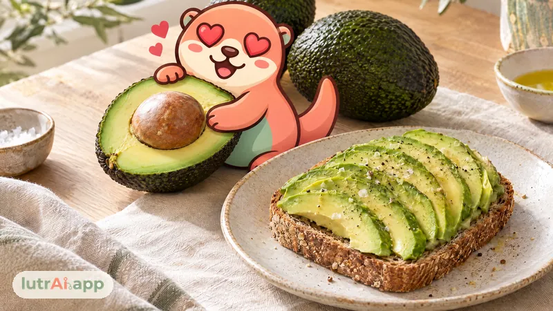 Aguacates enteros, uno abierto por la mitad, y una tostada con aguacate, con Lutra, la nutria de lutrAI, que abraza medio aguacate con ojos de corazón