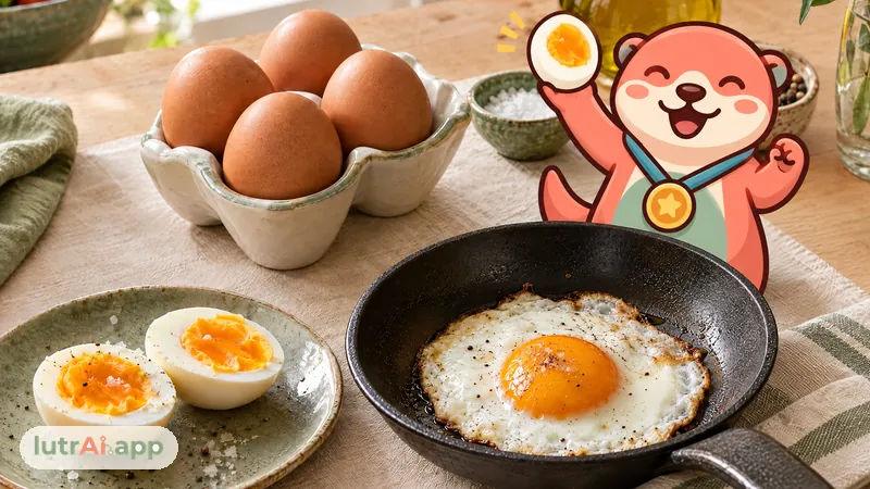 Huevos frescos, un huevo cocido partido y otro a la plancha en una sartén, con Lutra, la nutria de lutrAI, que sostiene un huevo cocido en alto