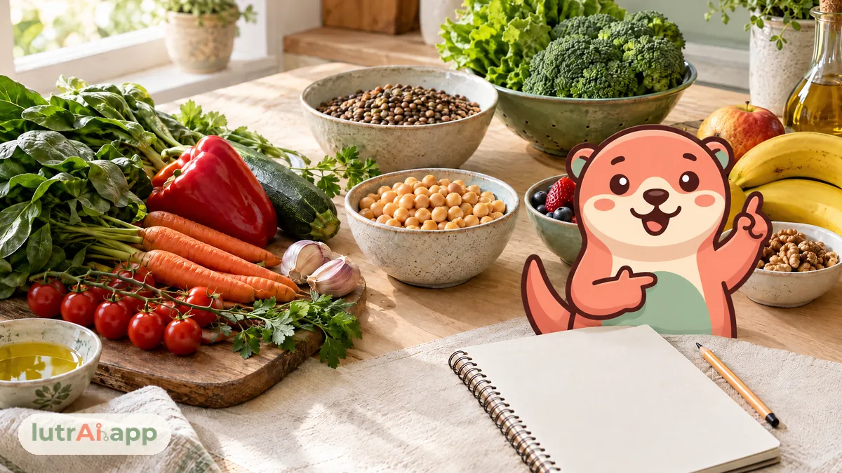 Verduras, legumbres y fruta preparadas para cocinar junto a una libreta en blanco, con Lutra, la nutria de lutrAI, que levanta un dedo