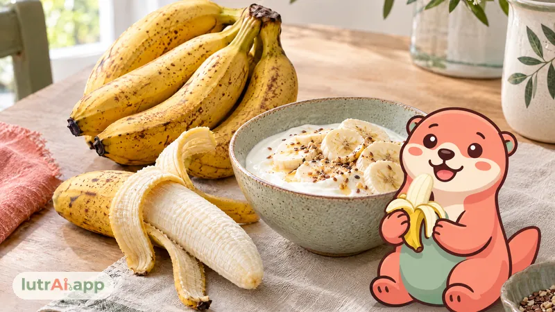 Racimo de plátanos, uno a medio pelar, y un yogur con rodajas de plátano, con Lutra, la nutria de lutrAI, que pela un plátano
