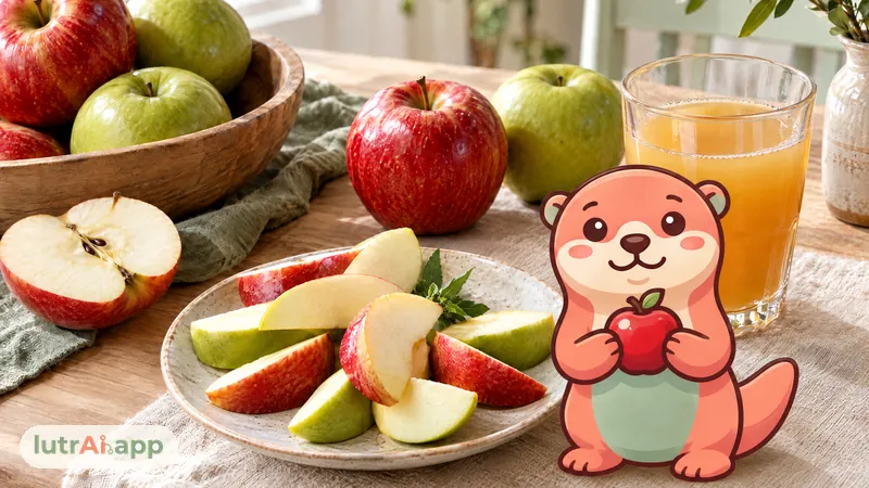 Manzanas rojas y verdes, una en gajos, junto a un vaso de zumo de manzana, con Lutra, la nutria de lutrAI, que sostiene una manzana roja con las dos patas