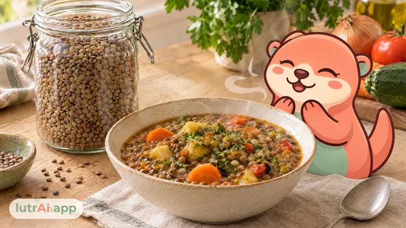 Lentejas secas en un tarro junto a un plato de lentejas estofadas, con Lutra, la nutria de lutrAI, que huele el vapor del plato de lentejas