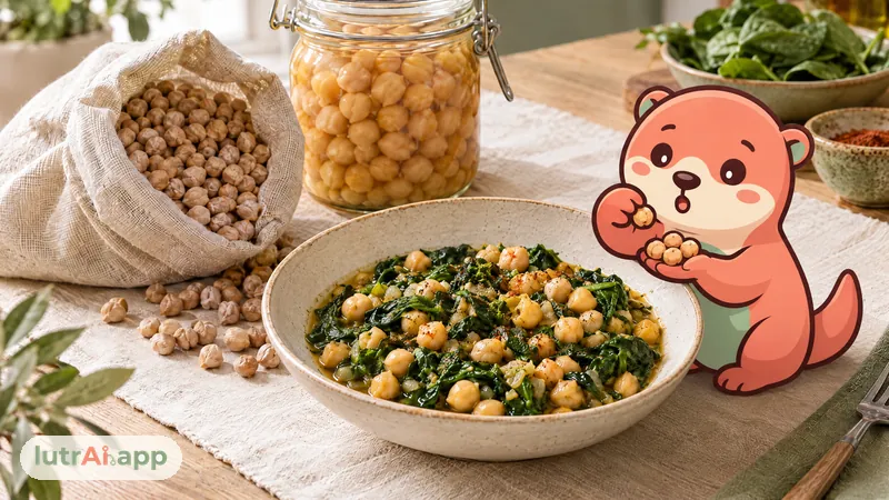 Garbanzos secos, garbanzos cocidos en bote y un plato de garbanzos con espinacas, con Lutra, la nutria de lutrAI, que cuenta garbanzos