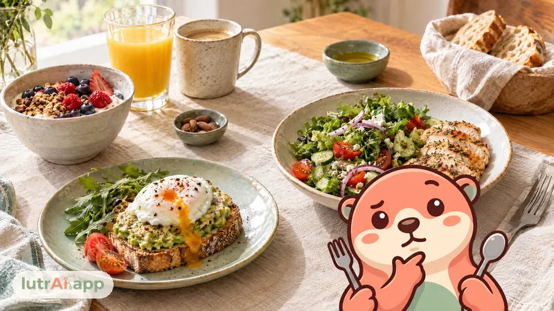 Desayuno y comida servidos en una mesa de cocina con luz natural, con Lutra, la nutria de lutrAI, que sujeta un tenedor y una cuchara