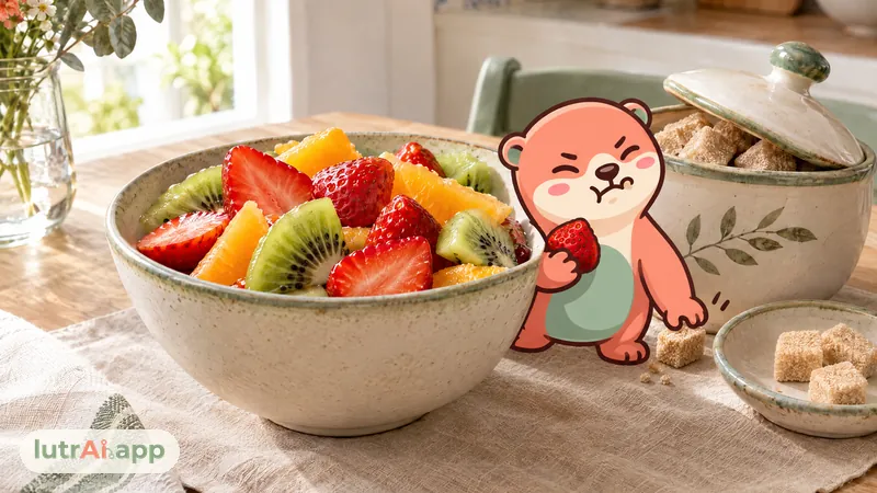 Cuenco de fresas, naranja y kiwi junto a un azucarero, con Lutra, la nutria de lutrAI, que aparta un terrón de azúcar y elige una fresa