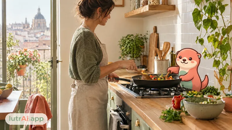 Persona cocinando un salteado de verduras en una cocina luminosa, con Lutra, la nutria de lutrAI, que ayuda a remover con una cuchara de madera