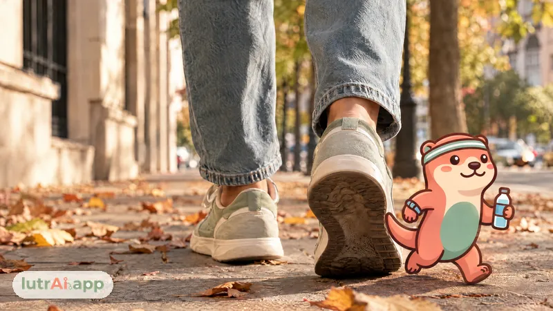 Zapatillas caminando por una acera con hojas de otoño, con Lutra, la nutria de lutrAI, que camina sobre las hojas de otoño