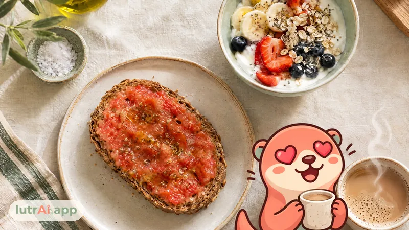 Tostada integral con tomate, yogur con fruta y avena y un café con leche, con Lutra, la nutria de lutrAI, que sostiene una taza de café con leche humeante
