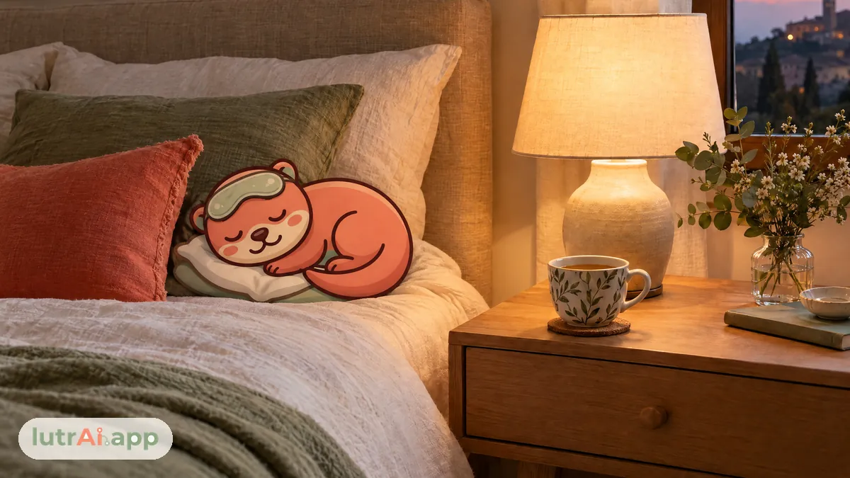 Dormitorio en calma al anochecer con una lámpara encendida e infusión en la mesilla, con Lutra, la nutria de lutrAI, durmiendo con antifaz